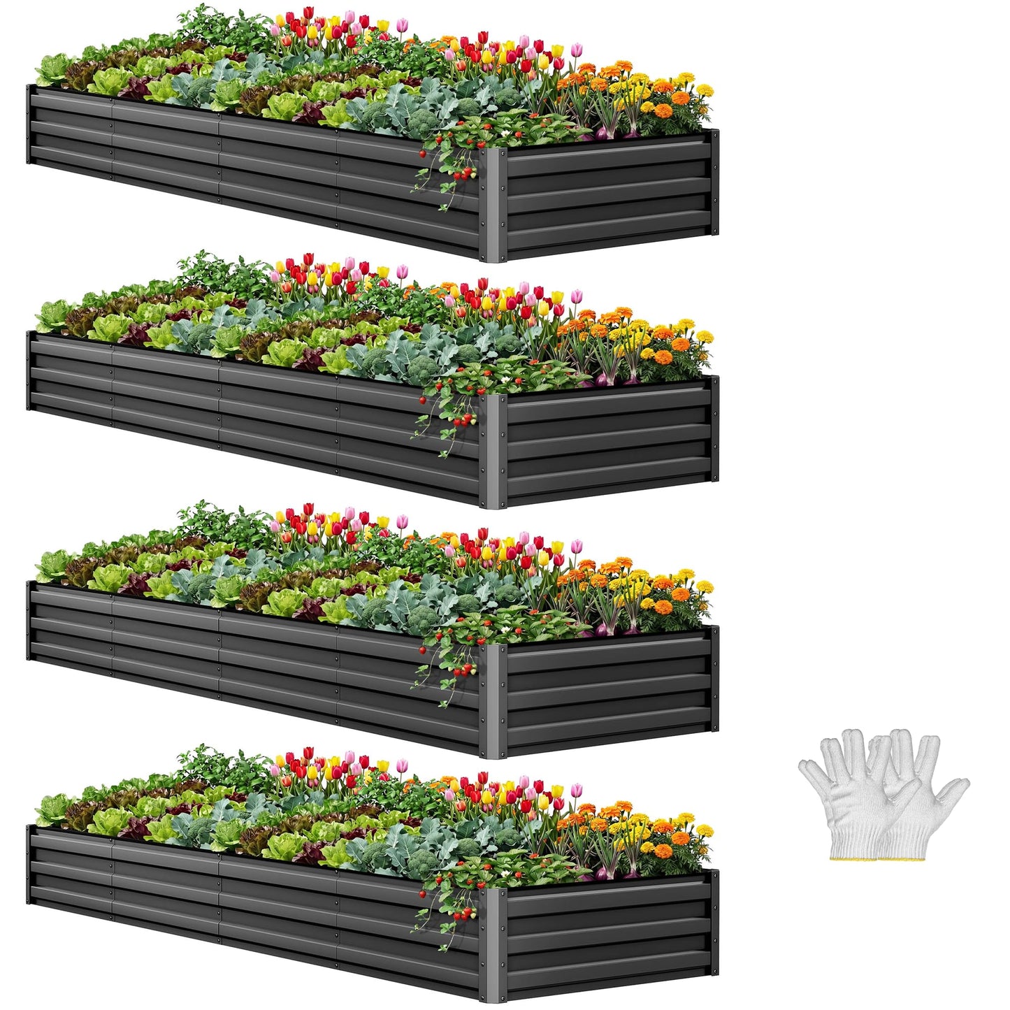 YITAHOME 6pcs 8x4x2 ft Galvanized Raised Garden Bed Kit, Large Metal Planter Box with Gloves, Safety Rubber & Support Rod, Outdoor Flower Bed for Plants Vegetables, Green