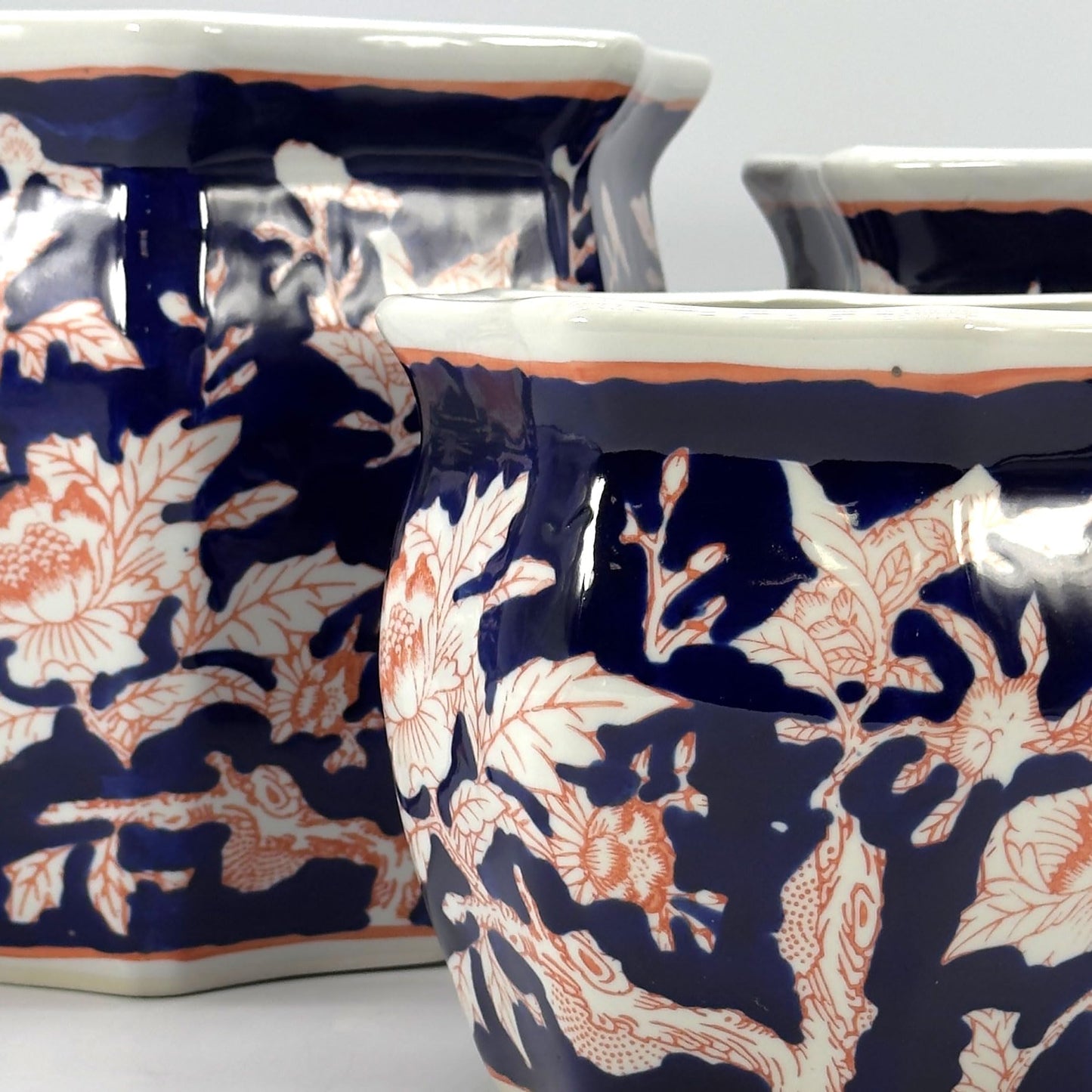 Galt International Blue & White Round Fluted Classic Floral Porcelain Ceramic Plant Flower Planter Pot Set of 3 (7.5", 10", 13") Garden Pots Chinese Asian Design