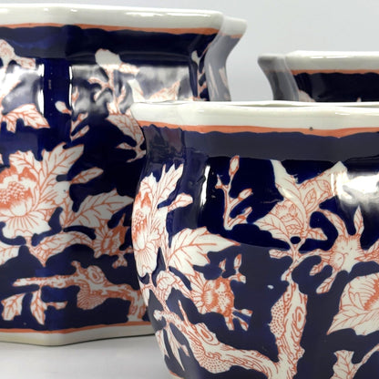 Galt International Blue & White Round Fluted Classic Floral Porcelain Ceramic Plant Flower Planter Pot Set of 3 (7.5", 10", 13") Garden Pots Chinese Asian Design