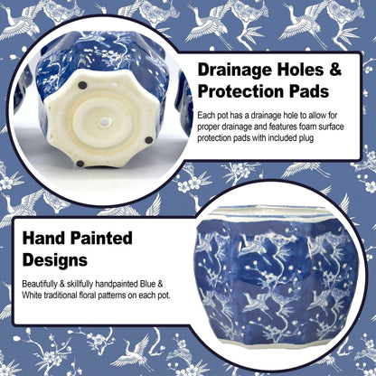 Galt International Blue & White Round Fluted Classic Floral Porcelain Ceramic Plant Flower Planter Pot Set of 3 (7.5", 10", 13") Garden Pots Chinese Asian Design