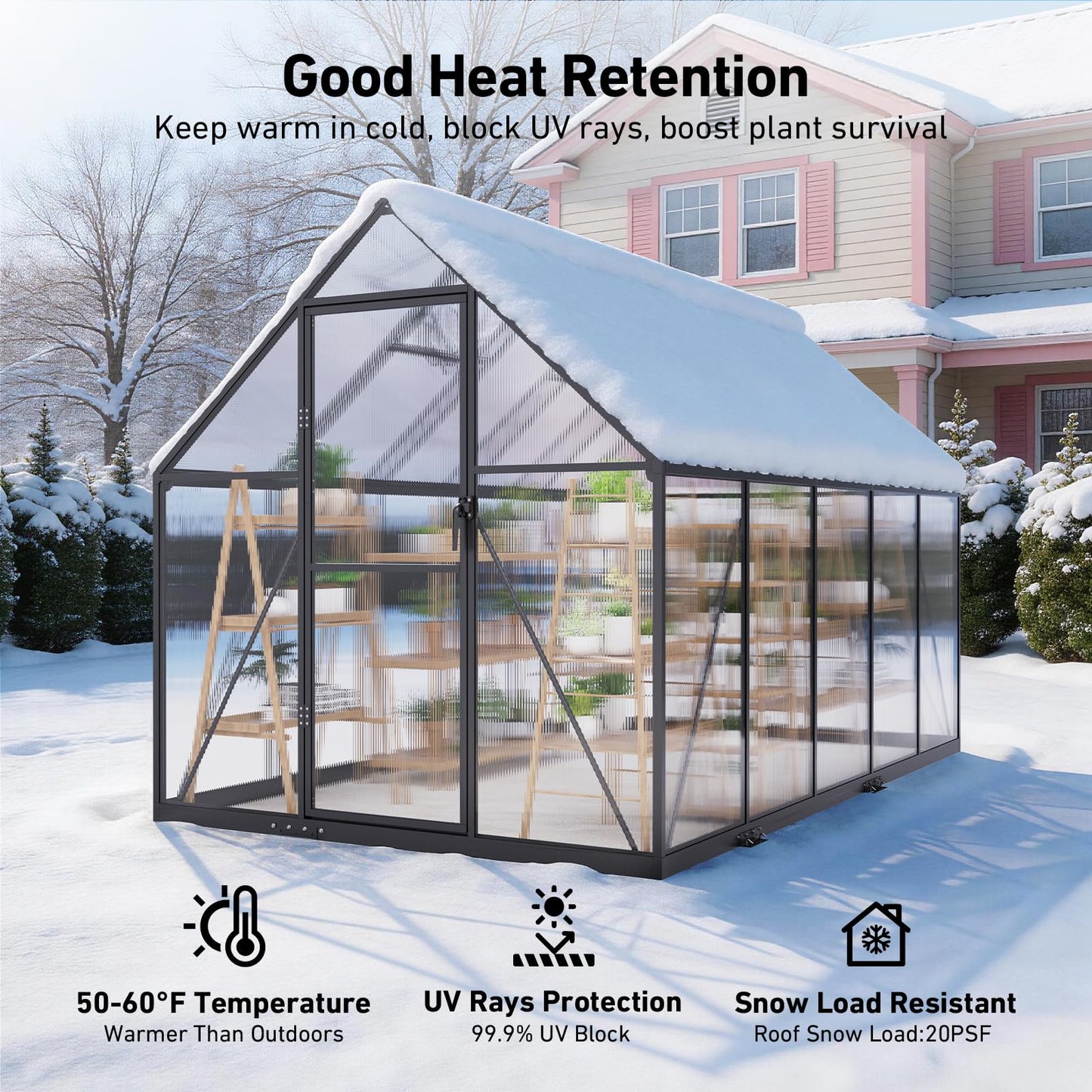 12x12 FT T-Shape Greenhouses, Polycarbonate Green House with UV Protection, Heavy Duty Greenhouse with Windproof Aluminum Frame, Roof Vent & Quick-Install Design for Backyard or Garden Use