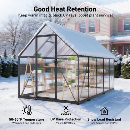 12x12 FT T-Shape Greenhouses, Polycarbonate Green House with UV Protection, Heavy Duty Greenhouse with Windproof Aluminum Frame, Roof Vent & Quick-Install Design for Backyard or Garden Use