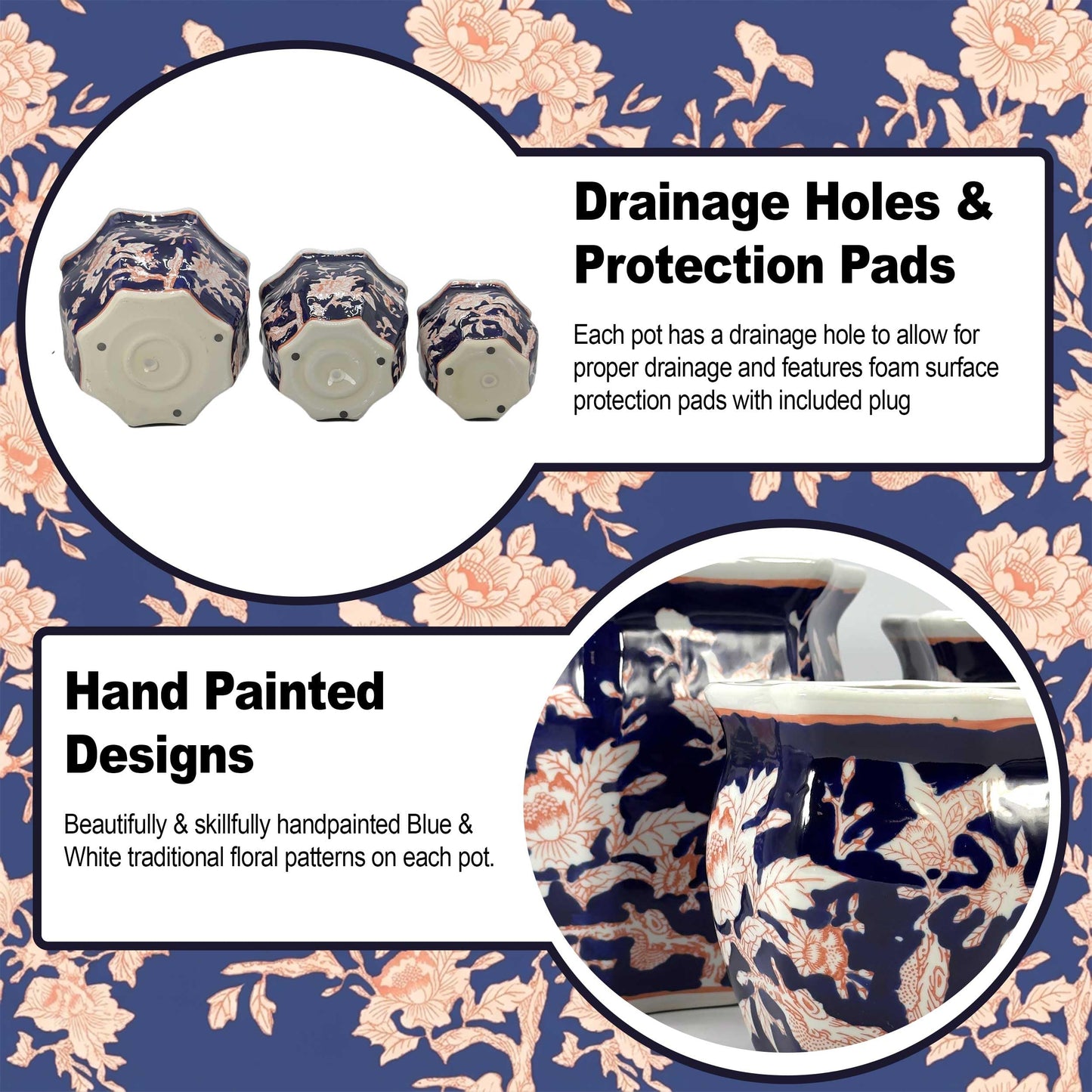 Galt International Blue & White Round Fluted Classic Floral Porcelain Ceramic Plant Flower Planter Pot Set of 3 (7.5", 10", 13") Garden Pots Chinese Asian Design