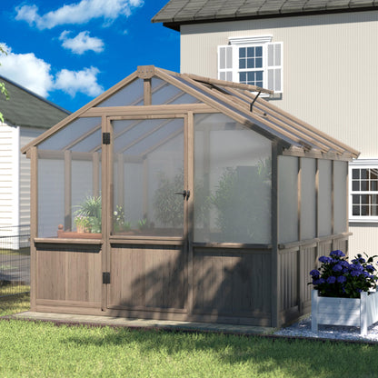 Yardenaler 8x16 FT Greenhouse for Outdoor, 6MM Thick Polycarbonate Panel Wooden Walk-in Green House with Adjustable Roof Vents and Lockable Door, Backyard Garden, Light Mocha Brown