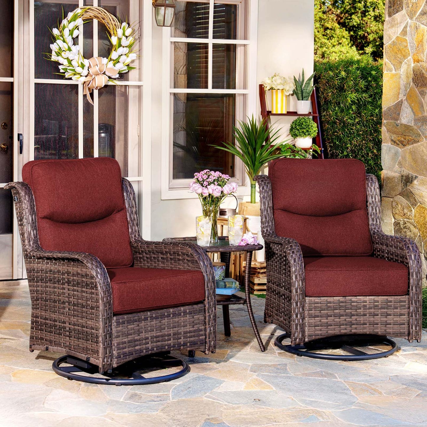 HILLGA 7-Piece Luxury Patio Furniture Set with 6" Thick Cushions, Weather-Resistant Wicker High Back Swivel Rocker Chairs, Senior-Friendly Outdoor Sofa Set for Large Deck, Yard and Poolside, Beige(V2)