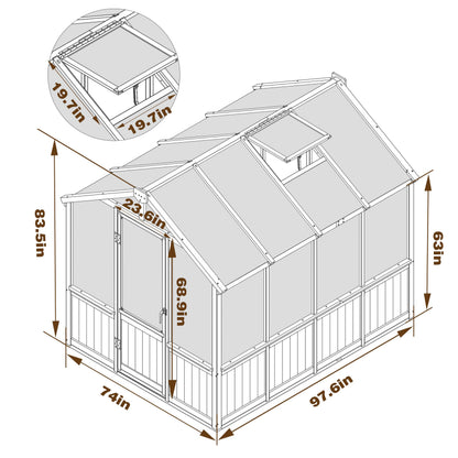 Yardenaler 8x16 FT Greenhouse for Outdoor, 6MM Thick Polycarbonate Panel Wooden Walk-in Green House with Adjustable Roof Vents and Lockable Door, Backyard Garden, Light Mocha Brown