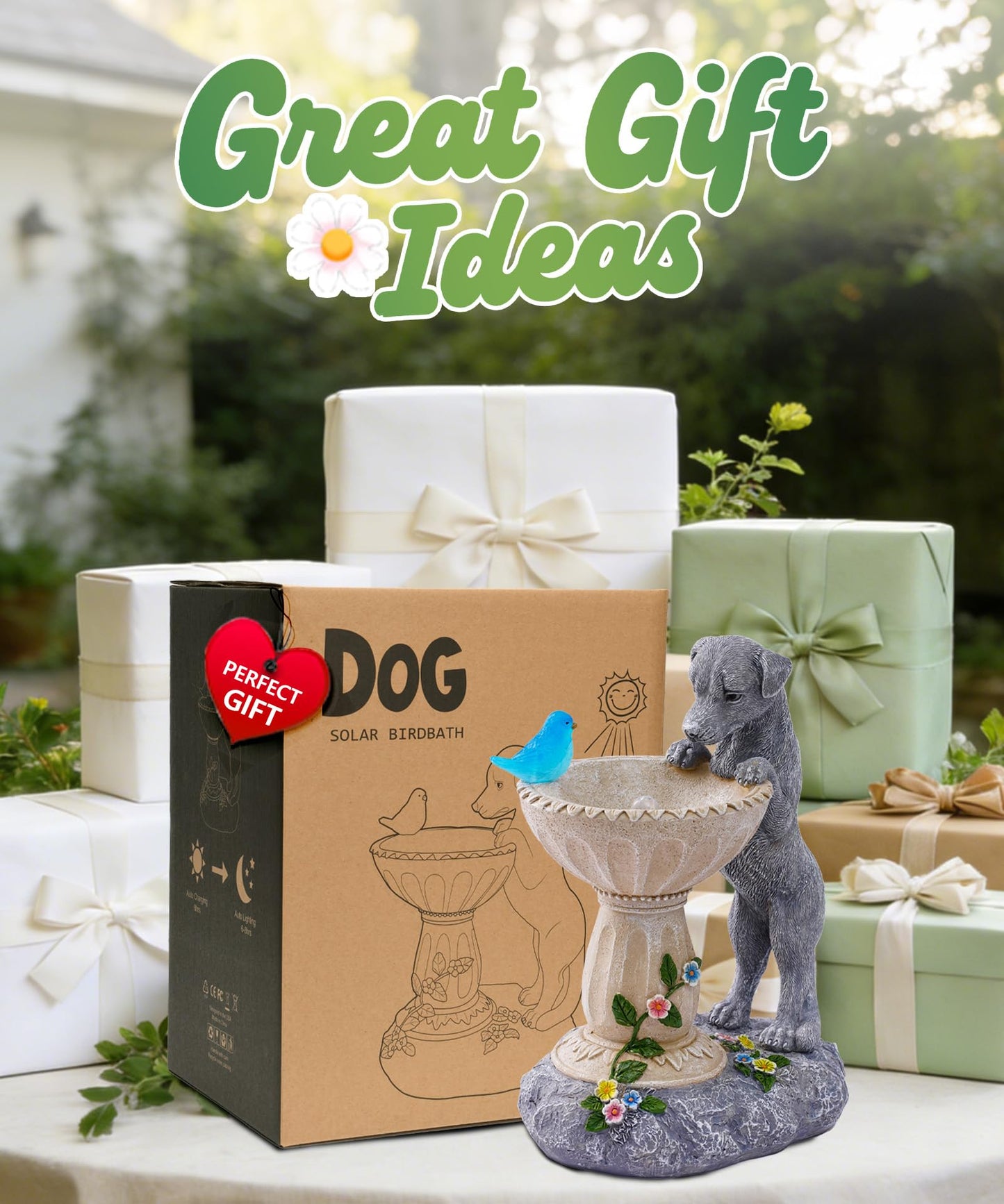 Nacome Solar Dog Statue for Garden Decor: IP65 Weatherproof Resin with Automatic Lighting - No Installation- Outdoor Yard Patio Balcony Art - Birthday Gifts for Bird Lovers Mom Grandma Women