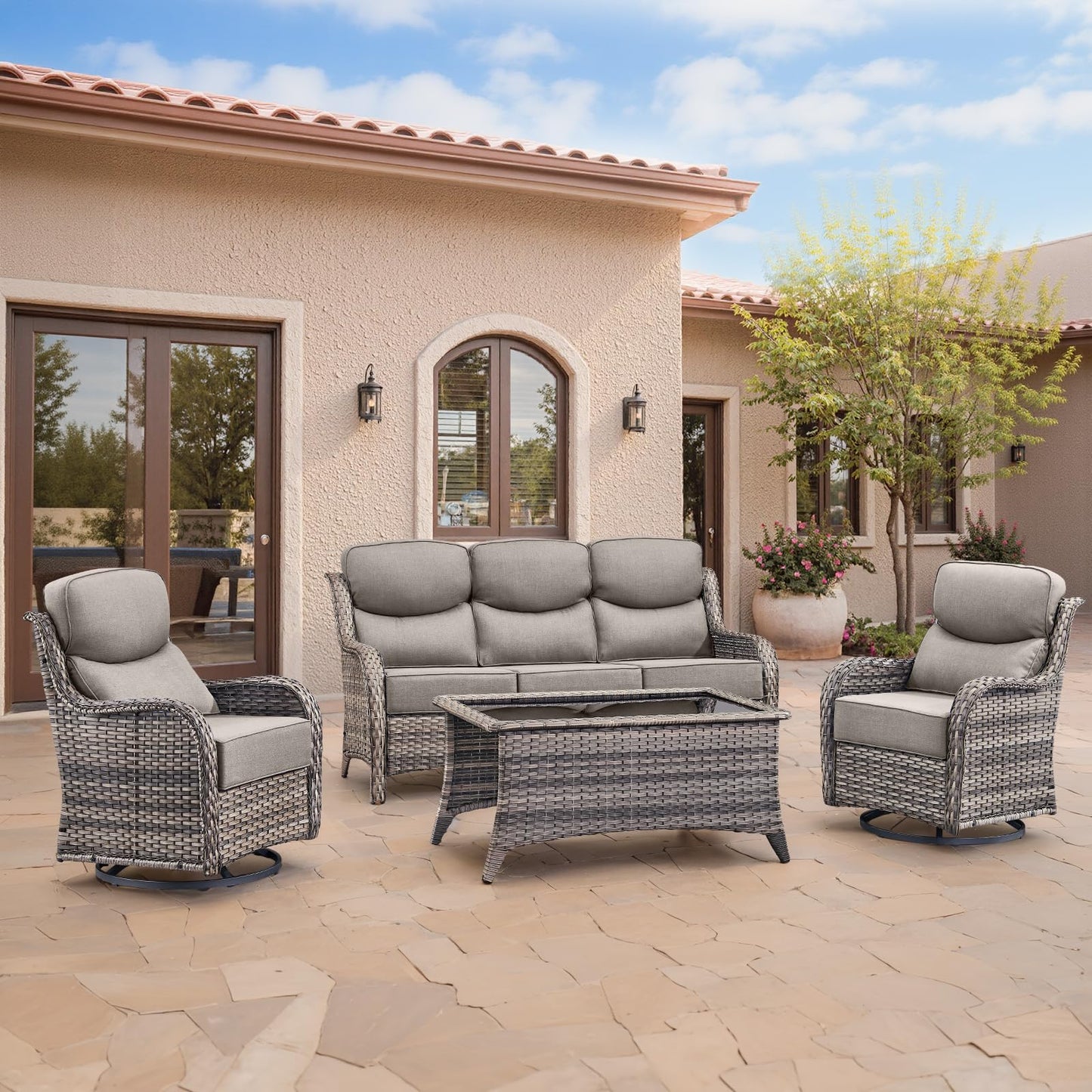 Luxury Patio Furniture Set with 6-inch Thick Cushion, Outdoor Furniture with Fire Pit Table, Swivel Chairs, Sofa, Side Table, Ottomans, 9pcs Wicker Conversation Set(Brown Wicker | Grey Cushion)