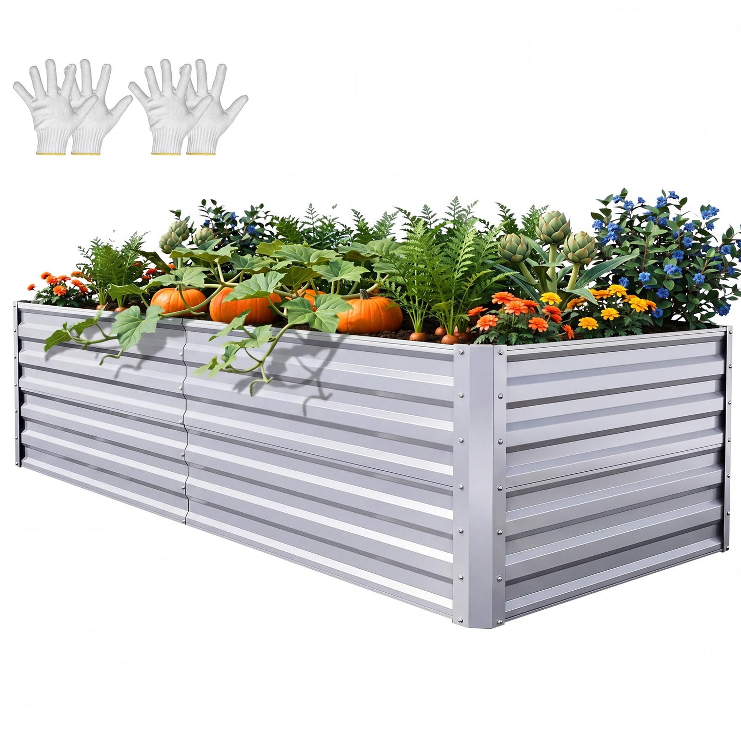 YITAHOME 8x4x1.5ft 2pcs Large Raised Garden Bed Kit, Galvanized Metal Planter Box with Gloves, Outdoor Above Ground Planters for Plants Vegetables Flowers, Silver