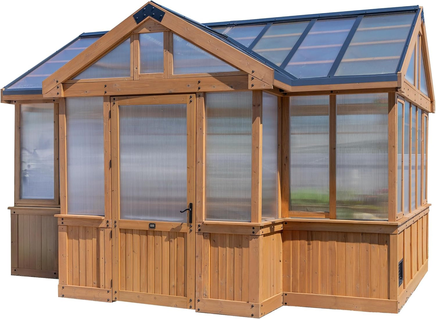 Backyard Discovery Savannah Chalet-Style 14.5' x 12' Cedar and Polycarbonate Walk-In Greenhouse Kit with Sink, Exhaust Fans, Windows, Hose Hook-Ups, PowerPort, Staging Shelves for Year-Round Gardening