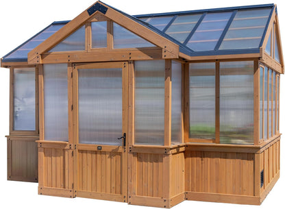 Backyard Discovery Savannah Chalet-Style 14.5' x 12' Cedar and Polycarbonate Walk-In Greenhouse Kit with Sink, Exhaust Fans, Windows, Hose Hook-Ups, PowerPort, Staging Shelves for Year-Round Gardening