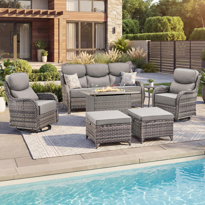 Luxury Patio Furniture Set with 6-inch Thick Cushion, Outdoor Furniture with Fire Pit Table, Swivel Chairs, Sofa, Side Table, Ottomans, 9pcs Wicker Conversation Set(Brown Wicker | Grey Cushion)