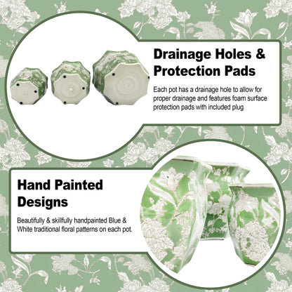 Galt International Blue & White Round Fluted Classic Floral Porcelain Ceramic Plant Flower Planter Pot Set of 3 (7.5", 10", 13") Garden Pots Chinese Asian Design