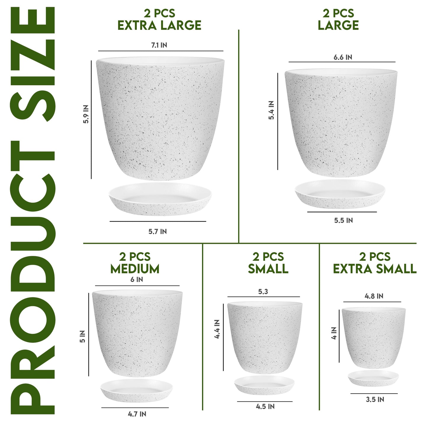Utopia Home Plant Pots Indoor with Drainage Holes – Set of 5 White Plastic Flower Pots (7/6.6/6/5.3/4.8 Inch) – Modern Planters for Indoor Plants, Room & Office Décor, Great Stocking Stuffers