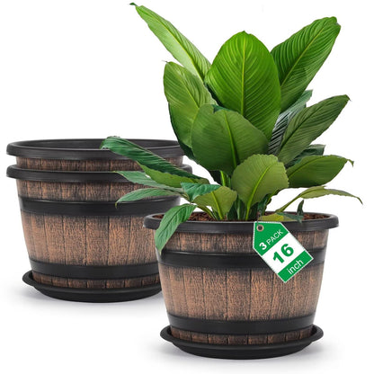 Quarut Plant Pots Set of 4 Pack 12 inch,Large Whiskey Barrel Planters with Drainage Holes & Saucer.Plastic Flower Pots Imitation Wine Barrel Design, for Indoor & Outdoor Garden Home Plants (Brown)