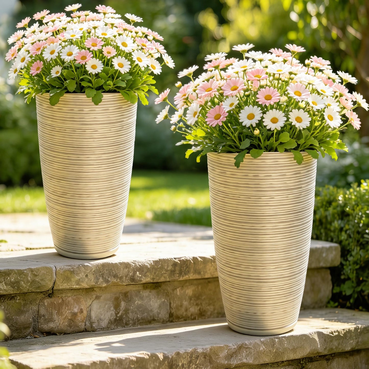 Autodaya 22" Urn Planters Outdoor Planter for Plants Set of 2 Timeless Plastic Large Flower Pot with Drainage Hole Terrazzo White Garden Pots for Porch, Patio Christmas Decor