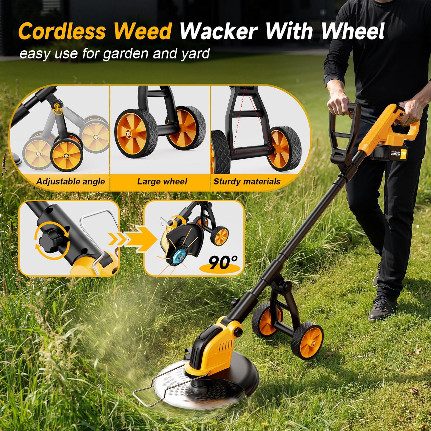 6000mAh 4-in-1 Electric Weed Wacker Cordless, 20000RPM Weed Eater Battery Powered, Heavy Duty Brush Cutter Edger Lawn Tool/Weed Trimmer/Grass Trimmer W/Wheel Metal Blade, 2 Battery Yard Tool