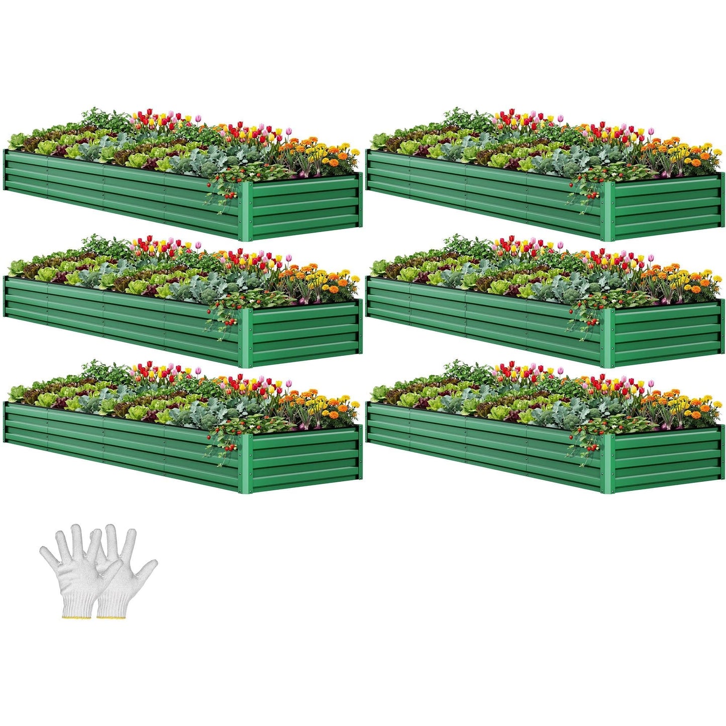 YITAHOME 6pcs 8x4x2 ft Galvanized Raised Garden Bed Kit, Large Metal Planter Box with Gloves, Safety Rubber & Support Rod, Outdoor Flower Bed for Plants Vegetables, Green
