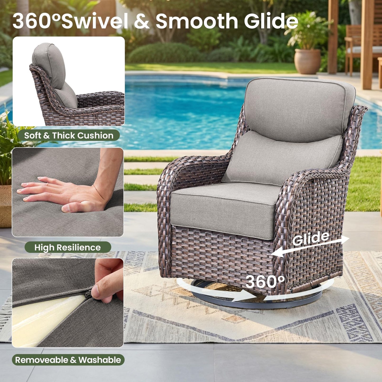 Luxury Patio Furniture Set with 6-inch Thick Cushion, Outdoor Furniture with Fire Pit Table, Swivel Chairs, Sofa, Side Table, Ottomans, 9pcs Wicker Conversation Set(Brown Wicker | Grey Cushion)