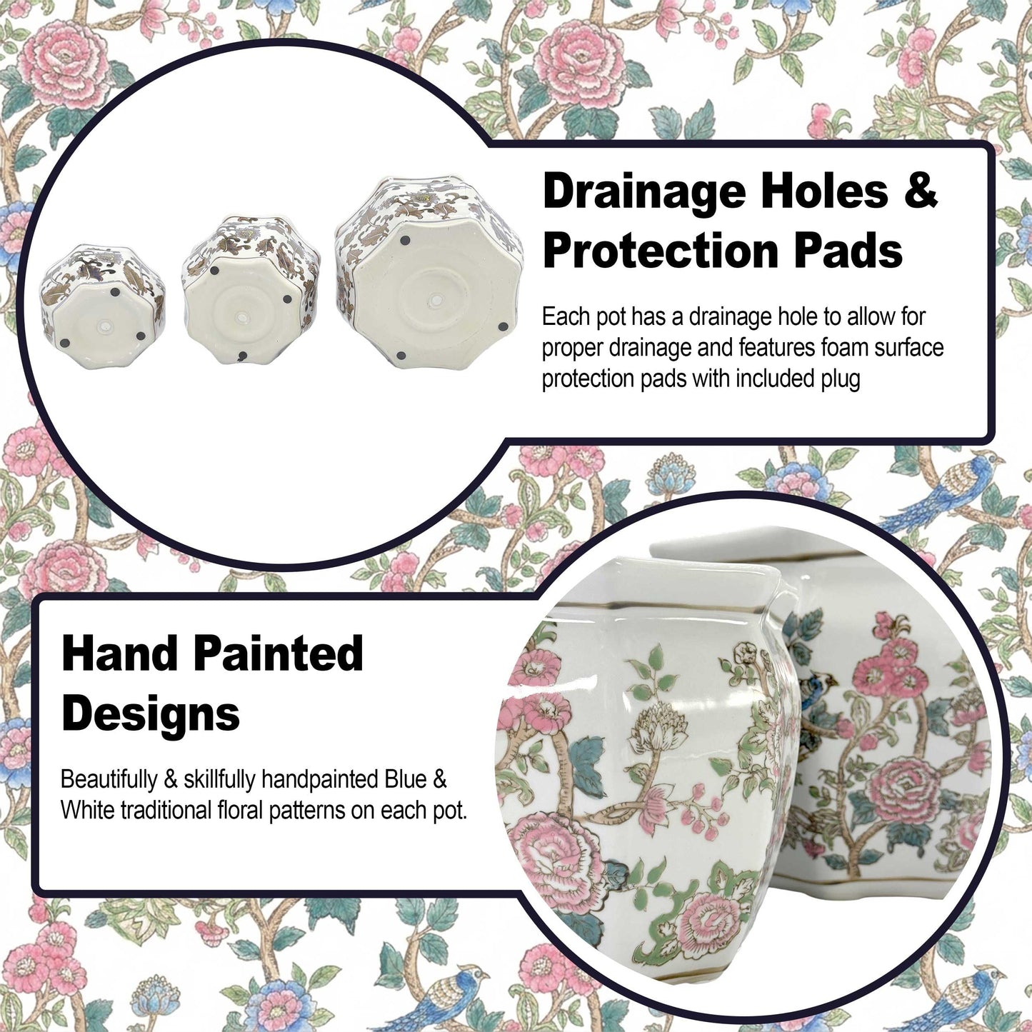 Galt International Blue & White Round Fluted Classic Floral Porcelain Ceramic Plant Flower Planter Pot Set of 3 (7.5", 10", 13") Garden Pots Chinese Asian Design