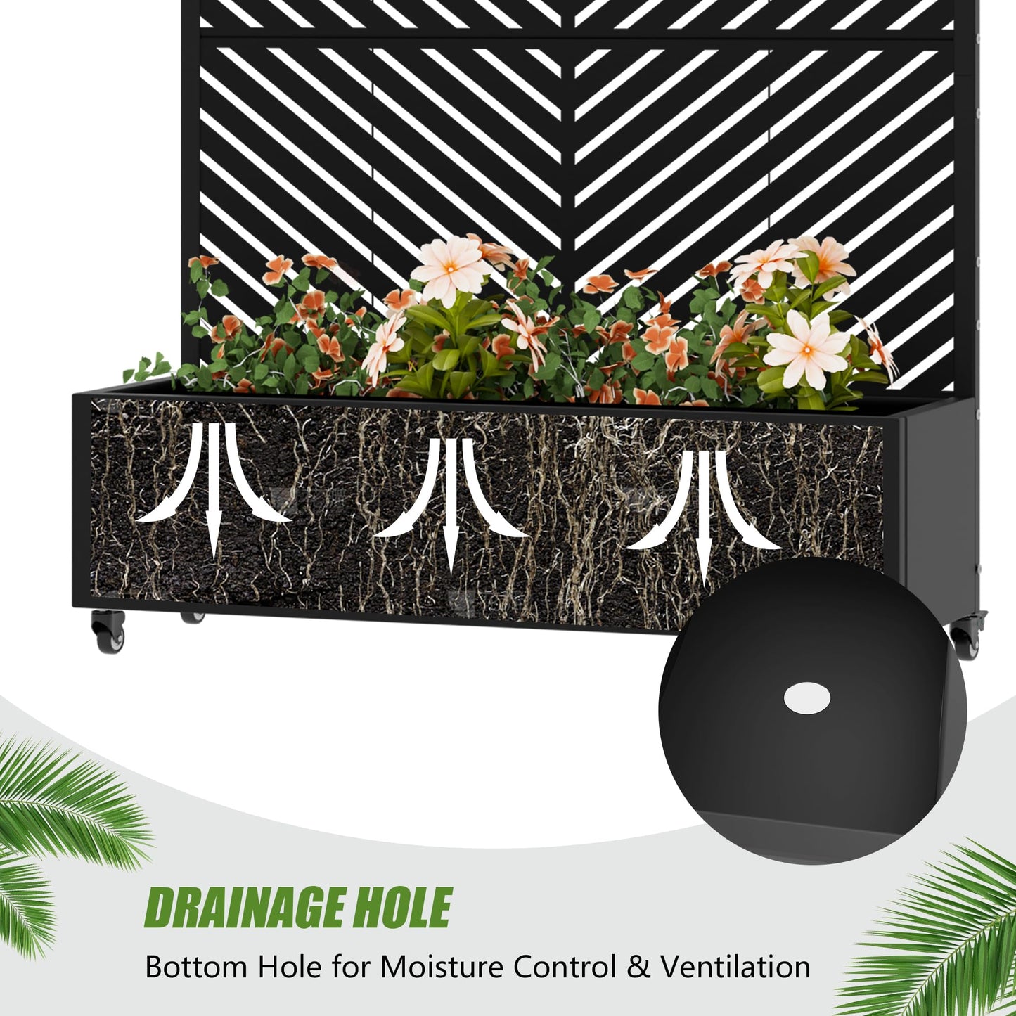 72" H Metal Raised Garden Bed with Trellis and Wheels, Privacy Screen Outdoor Planter Box with Decor Leaf Pattern, Large Mobile Vertical Planter for Patio, Balcony & Backyard