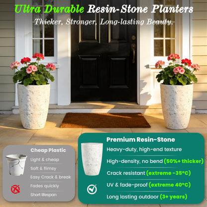 Autodaya 22" Urn Planters Outdoor Planter for Plants Set of 2 Timeless Plastic Large Flower Pot with Drainage Hole Terrazzo White Garden Pots for Porch, Patio Christmas Decor