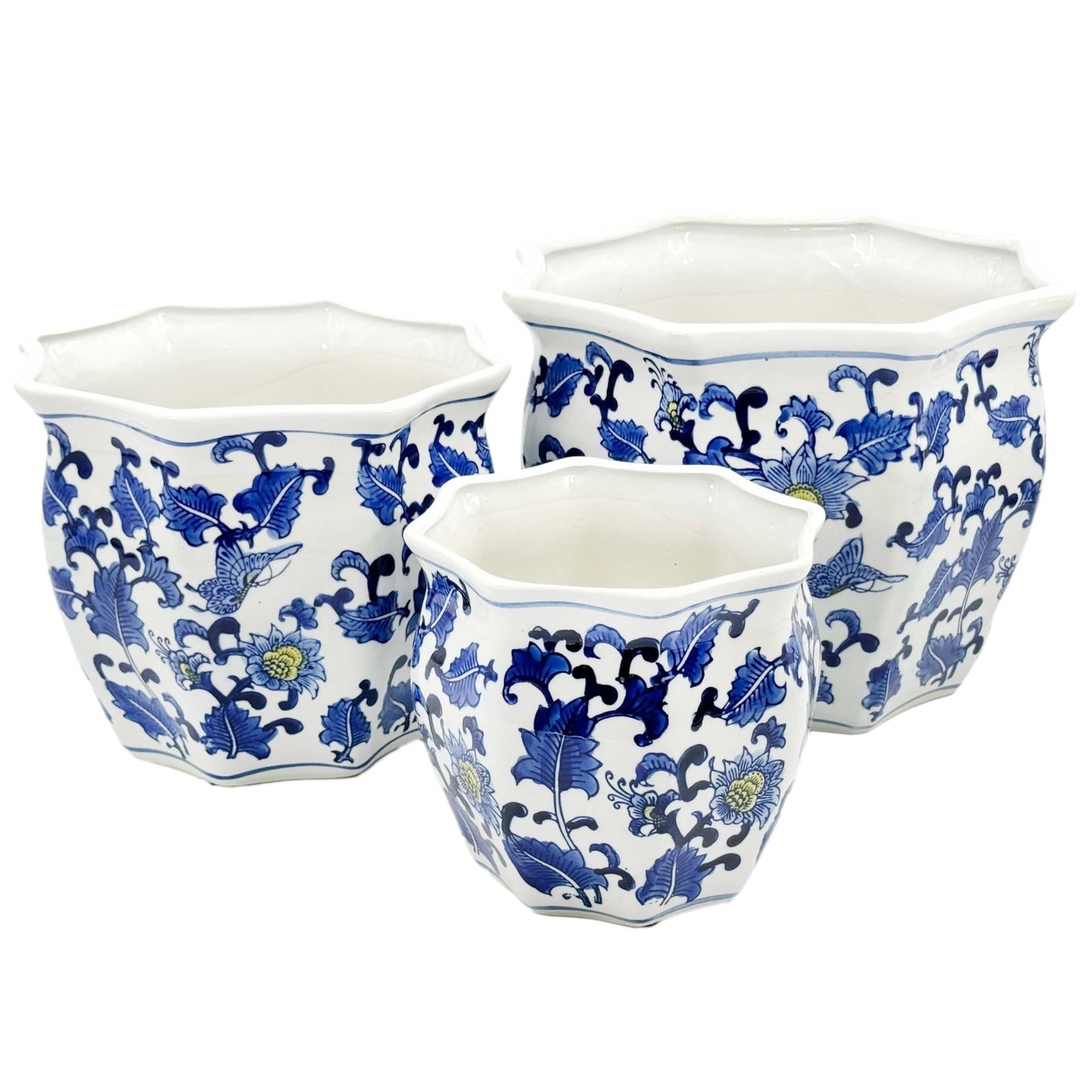 Galt International Blue & White Round Fluted Classic Floral Porcelain Ceramic Plant Flower Planter Pot Set of 3 (7.5", 10", 13") Garden Pots Chinese Asian Design