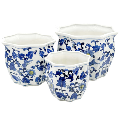 Galt International Blue & White Round Fluted Classic Floral Porcelain Ceramic Plant Flower Planter Pot Set of 3 (7.5", 10", 13") Garden Pots Chinese Asian Design
