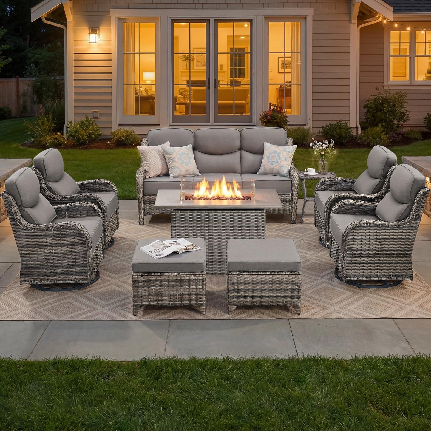Luxury Patio Furniture Set with 6-inch Thick Cushion, Outdoor Furniture with Fire Pit Table, Swivel Chairs, Sofa, Side Table, Ottomans, 9pcs Wicker Conversation Set(Brown Wicker | Grey Cushion)