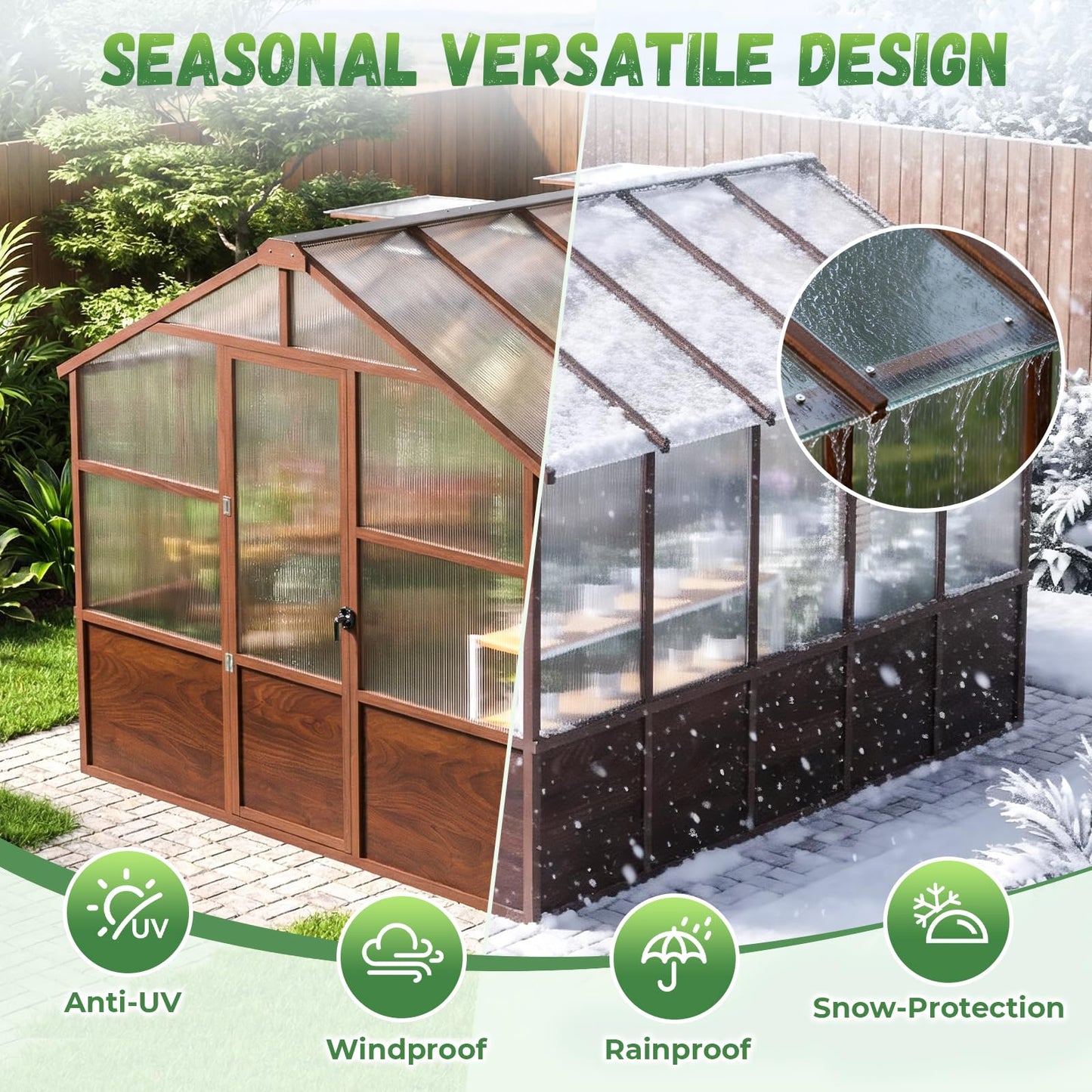 Jocoevol 6x12FT Greenhouse for Outdoors, Wooden Frame Polycarbonate Green House w/ Adjustable Roof Vent and Lockable Door Handle, Walk-in Greenhouses for Outside Garden Backyard