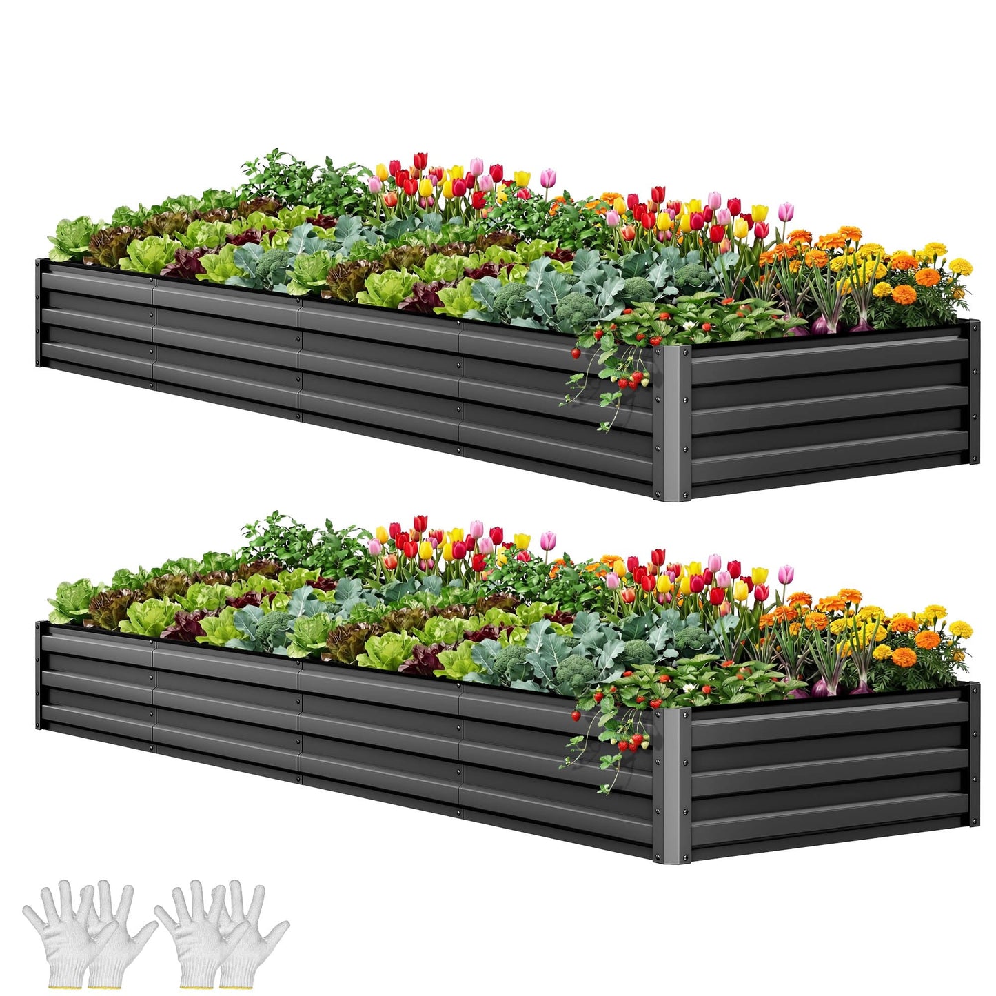 YITAHOME 8x4x1.5ft 2pcs Large Raised Garden Bed Kit, Galvanized Metal Planter Box with Gloves, Outdoor Above Ground Planters for Plants Vegetables Flowers, Silver
