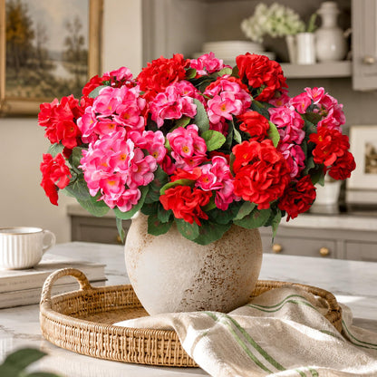 12 Bundles Artificial Geranium Fake Flowers for Outdoor UV Resistant, Outside Spring Red Flower Decoration for Home Kitchen Table Cemetery Garden Planter, Front Door Silk Faux Plants