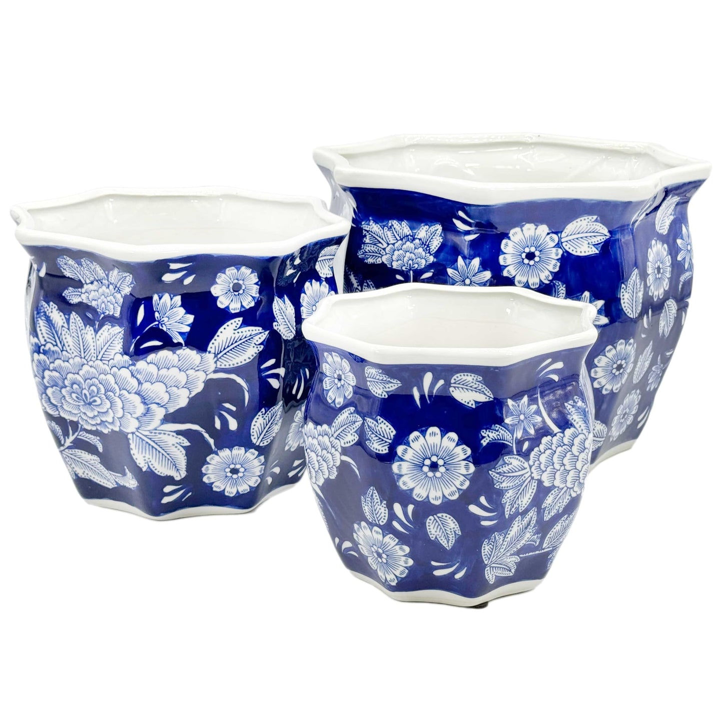 Galt International Blue & White Round Fluted Classic Floral Porcelain Ceramic Plant Flower Planter Pot Set of 3 (7.5", 10", 13") Garden Pots Chinese Asian Design