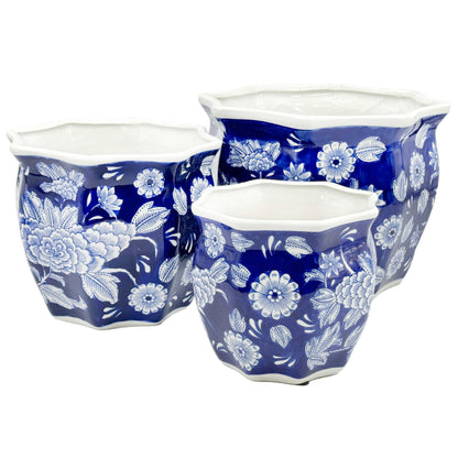 Galt International Blue & White Round Fluted Classic Floral Porcelain Ceramic Plant Flower Planter Pot Set of 3 (7.5", 10", 13") Garden Pots Chinese Asian Design
