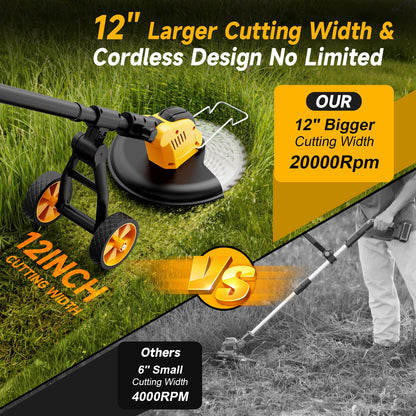 6000mAh 4-in-1 Electric Weed Wacker Cordless, 20000RPM Weed Eater Battery Powered, Heavy Duty Brush Cutter Edger Lawn Tool/Weed Trimmer/Grass Trimmer W/Wheel Metal Blade, 2 Battery Yard Tool