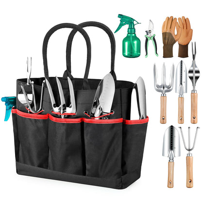 Grenebo Gardening Tools 9-Piece Heavy Duty Garden Hand Tools with Fashion and Durable Garden Tools Organizer Handbag, Rust-Proof Garden Tool Set, Ideal Gardening Gifts for Women