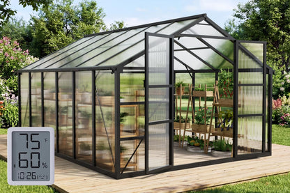 12x12 FT T-Shape Greenhouses, Polycarbonate Green House with UV Protection, Heavy Duty Greenhouse with Windproof Aluminum Frame, Roof Vent & Quick-Install Design for Backyard or Garden Use