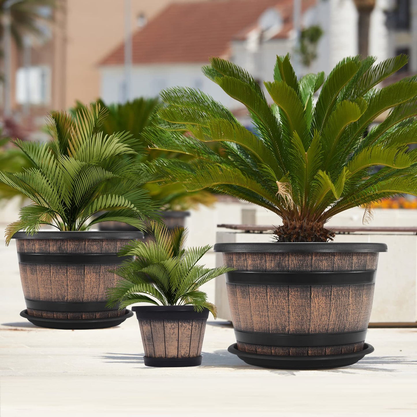 Quarut Plant Pots Set of 4 Pack 12 inch,Large Whiskey Barrel Planters with Drainage Holes & Saucer.Plastic Flower Pots Imitation Wine Barrel Design, for Indoor & Outdoor Garden Home Plants (Brown)