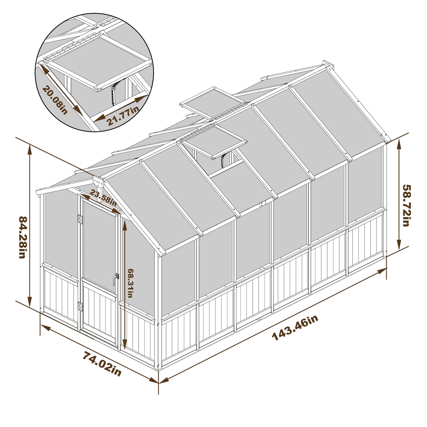 Yardenaler 8x16 FT Greenhouse for Outdoor, 6MM Thick Polycarbonate Panel Wooden Walk-in Green House with Adjustable Roof Vents and Lockable Door, Backyard Garden, Light Mocha Brown
