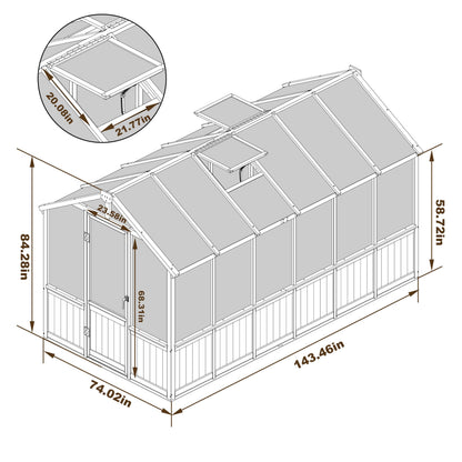 Yardenaler 8x16 FT Greenhouse for Outdoor, 6MM Thick Polycarbonate Panel Wooden Walk-in Green House with Adjustable Roof Vents and Lockable Door, Backyard Garden, Light Mocha Brown
