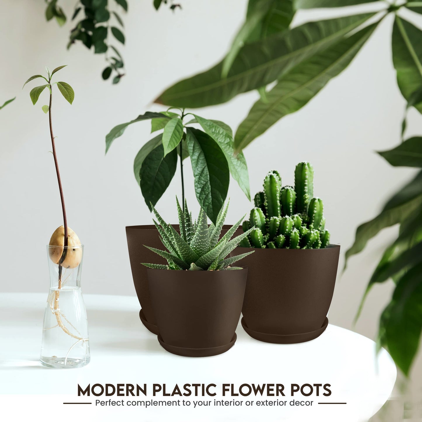 Utopia Home Plant Pots Indoor with Drainage Holes – Set of 5 White Plastic Flower Pots (7/6.6/6/5.3/4.8 Inch) – Modern Planters for Indoor Plants, Room & Office Décor, Great Stocking Stuffers