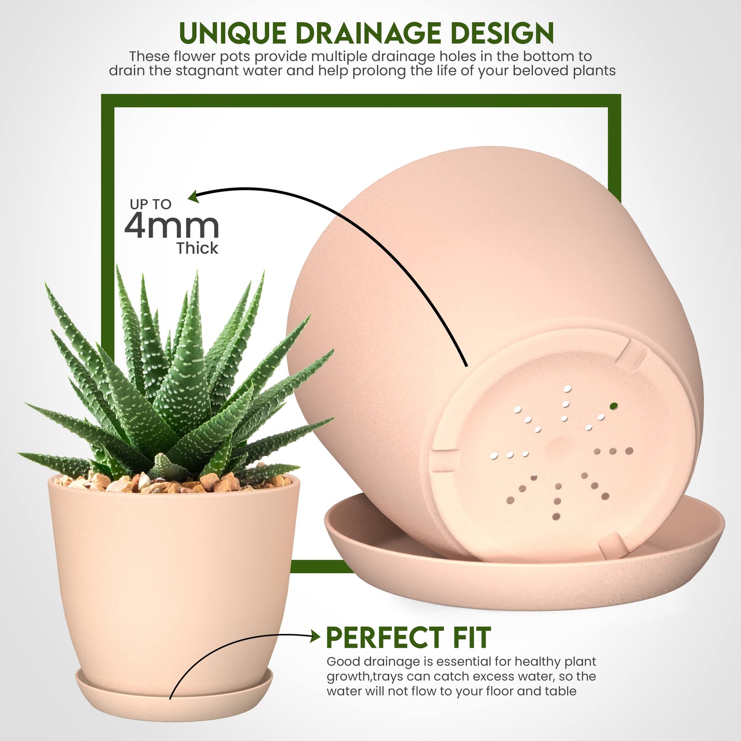 Utopia Home Plant Pots Indoor with Drainage Holes – Set of 5 White Plastic Flower Pots (7/6.6/6/5.3/4.8 Inch) – Modern Planters for Indoor Plants, Room & Office Décor, Great Stocking Stuffers