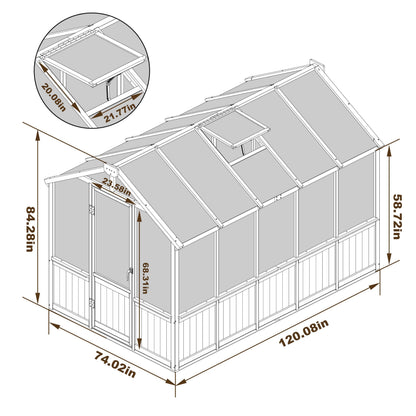 Yardenaler 8x16 FT Greenhouse for Outdoor, 6MM Thick Polycarbonate Panel Wooden Walk-in Green House with Adjustable Roof Vents and Lockable Door, Backyard Garden, Light Mocha Brown