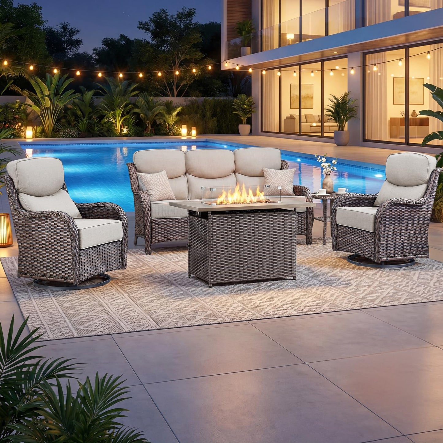 Luxury Patio Furniture Set with 6-inch Thick Cushion, Outdoor Furniture with Fire Pit Table, Swivel Chairs, Sofa, Side Table, Ottomans, 9pcs Wicker Conversation Set(Brown Wicker | Grey Cushion)