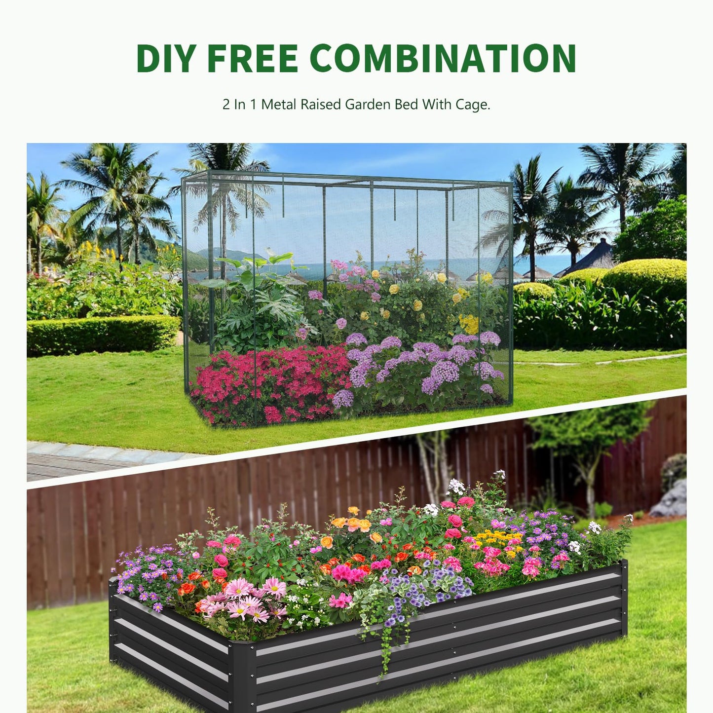 Galvanized Raised Garden Bed with Crop Cage Plant Protection Net Tent Kit for Garden Plant, 71"x35.4"x 59" Plants Protection Tent Cage Metal Planter Box Bottomless Planting Vegetables Outdoor