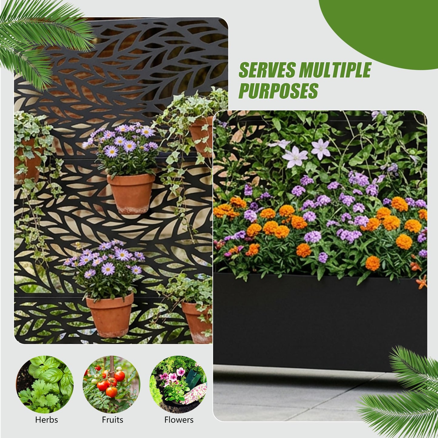 72" H Metal Raised Garden Bed with Trellis and Wheels, Privacy Screen Outdoor Planter Box with Decor Leaf Pattern, Large Mobile Vertical Planter for Patio, Balcony & Backyard