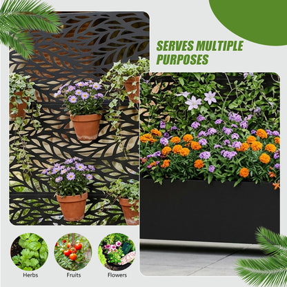 72" H Metal Raised Garden Bed with Trellis and Wheels, Privacy Screen Outdoor Planter Box with Decor Leaf Pattern, Large Mobile Vertical Planter for Patio, Balcony & Backyard
