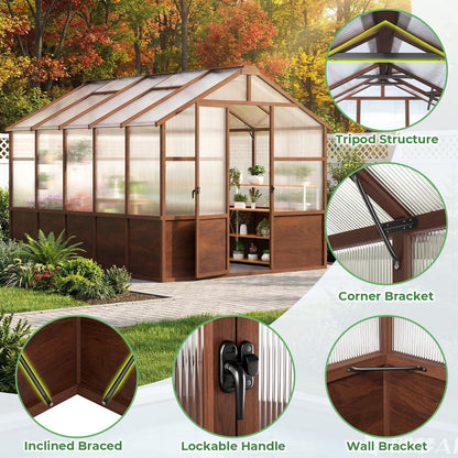 Jocoevol 6x12FT Greenhouse for Outdoors, Wooden Frame Polycarbonate Green House w/ Adjustable Roof Vent and Lockable Door Handle, Walk-in Greenhouses for Outside Garden Backyard