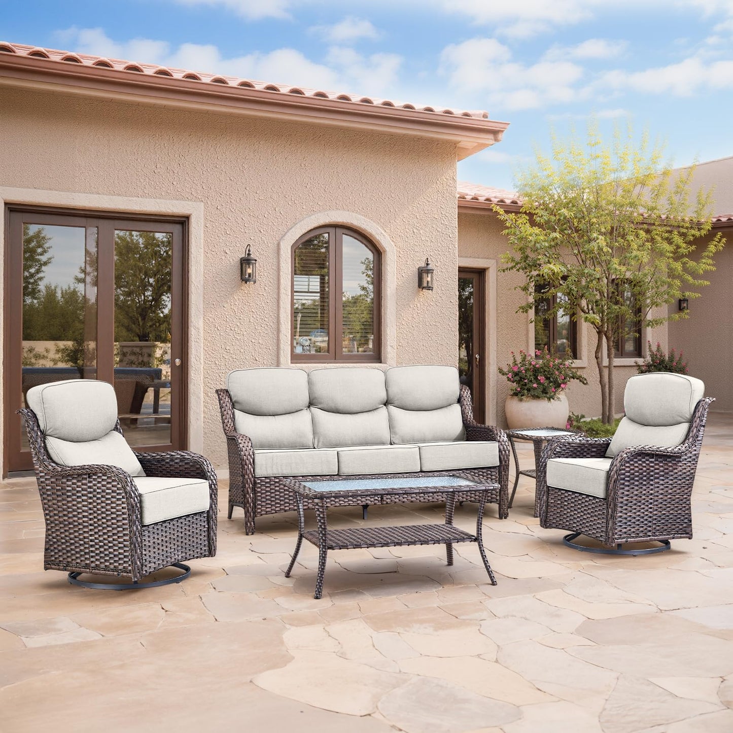 Luxury Patio Furniture Set with 6-inch Thick Cushion, Outdoor Furniture with Fire Pit Table, Swivel Chairs, Sofa, Side Table, Ottomans, 9pcs Wicker Conversation Set(Brown Wicker | Grey Cushion)