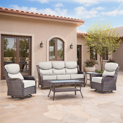 Luxury Patio Furniture Set with 6-inch Thick Cushion, Outdoor Furniture with Fire Pit Table, Swivel Chairs, Sofa, Side Table, Ottomans, 9pcs Wicker Conversation Set(Brown Wicker | Grey Cushion)